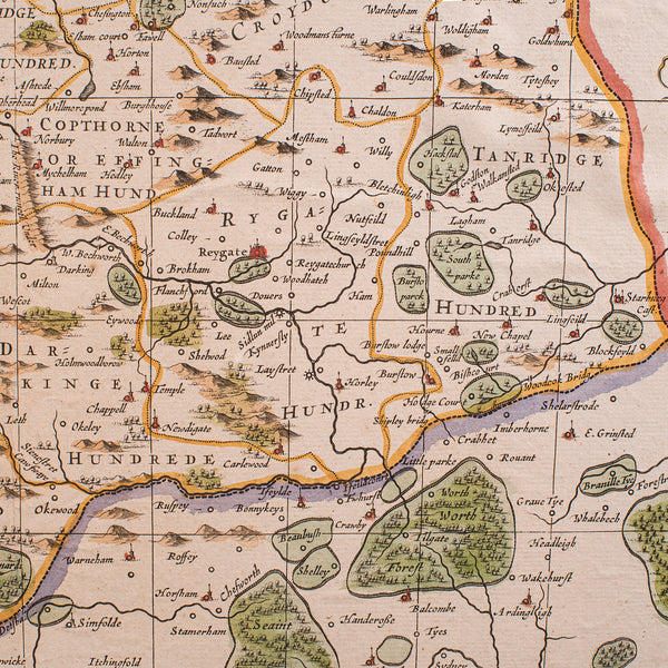 Antique Map of Surrey, English, Framed County Cartography, After Blaeu, C.1690