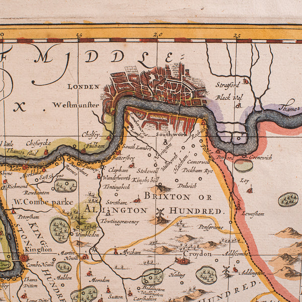 Antique Map of Surrey, English, Framed County Cartography, After Blaeu, C.1690