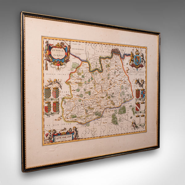 Antique Map of Surrey, English, Framed County Cartography, After Blaeu, C.1690