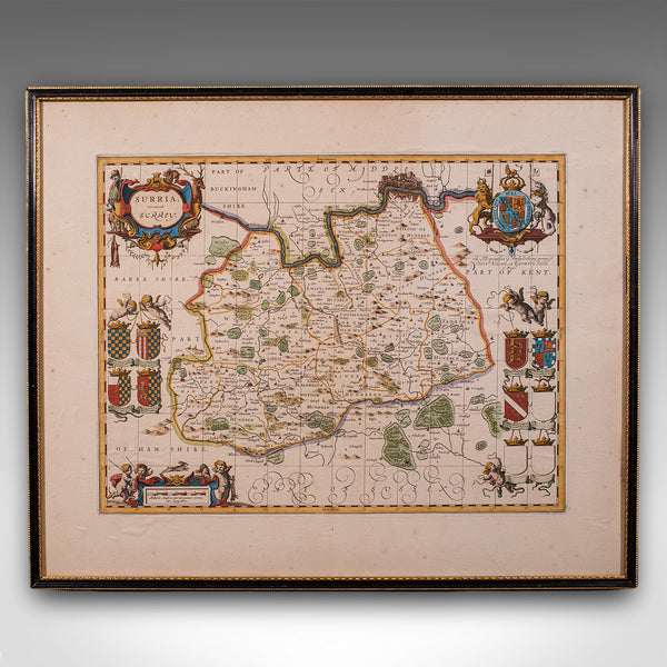 Antique Map of Surrey, English, Framed County Cartography, After Blaeu, C.1690