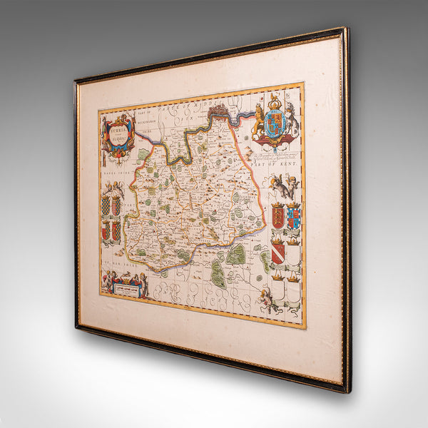 Antique Map of Surrey, English, Framed County Cartography, After Blaeu, C.1690