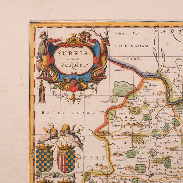 Antique Map of Surrey, English, Framed County Cartography, After Blaeu, C.1690
