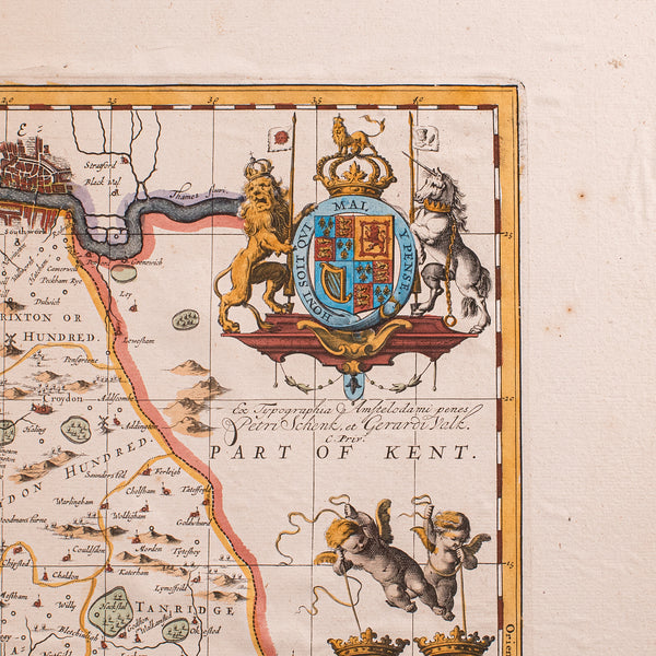 Antique Map of Surrey, English, Framed County Cartography, After Blaeu, C.1690