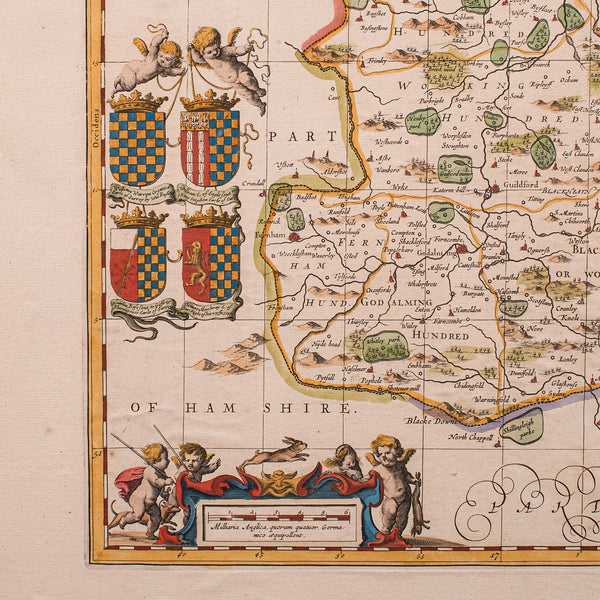 Antique Map of Surrey, English, Framed County Cartography, After Blaeu, C.1690