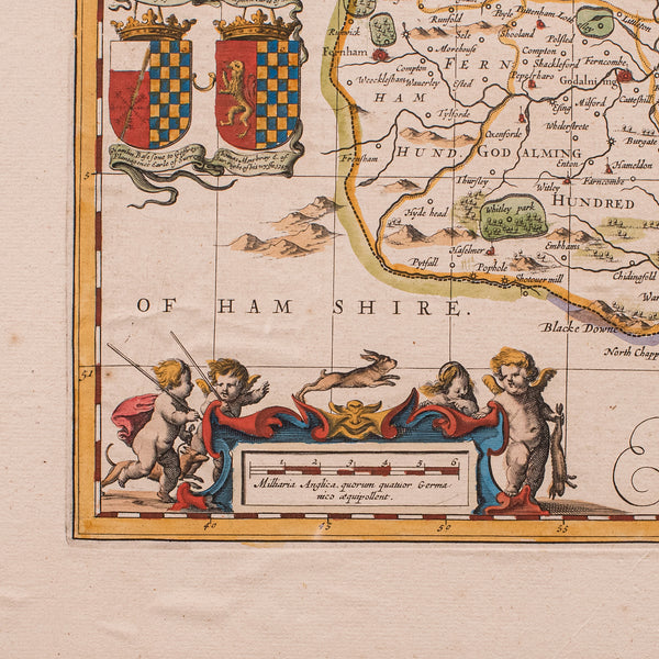 Antique Map of Surrey, English, Framed County Cartography, After Blaeu, C.1690