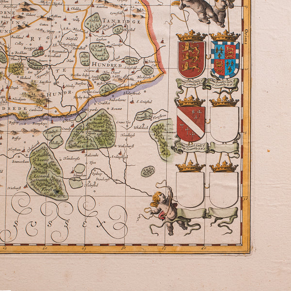 Antique Map of Surrey, English, Framed County Cartography, After Blaeu, C.1690