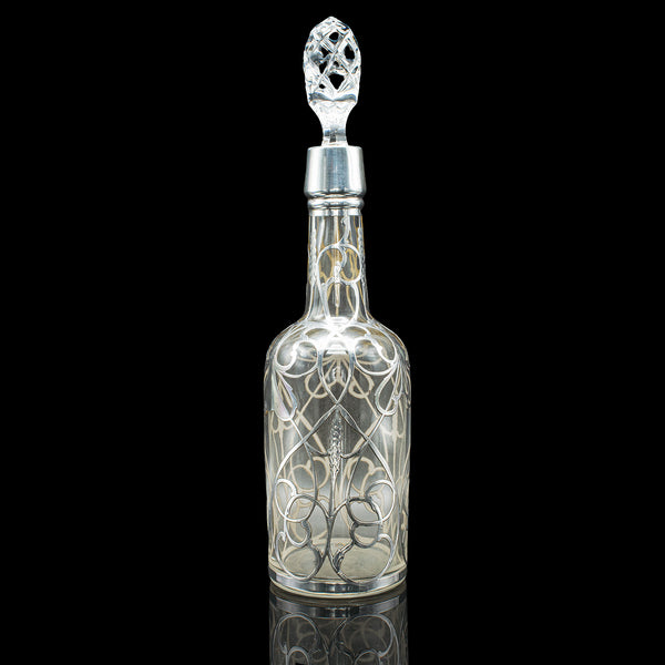 Antique Sherry Decanter, English, Glass, Silver Plate, Spirit Bottle, Edwardian
