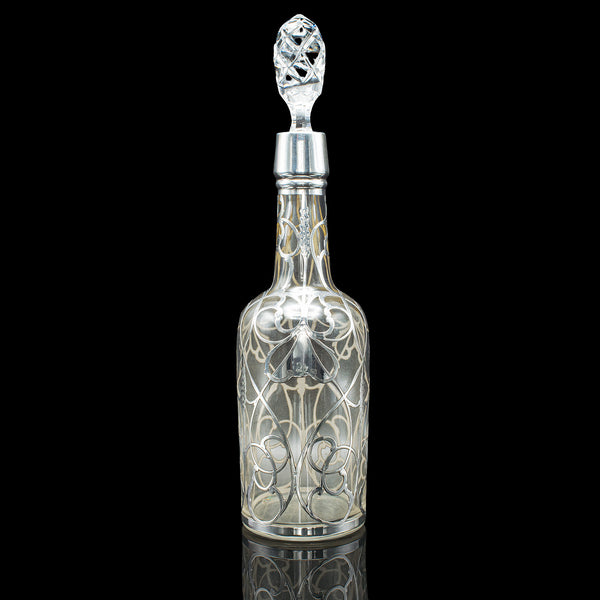 Antique Sherry Decanter, English, Glass, Silver Plate, Spirit Bottle, Edwardian