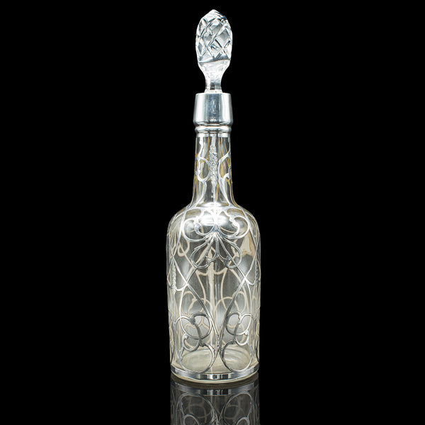 Antique Sherry Decanter, English, Glass, Silver Plate, Spirit Bottle, Edwardian