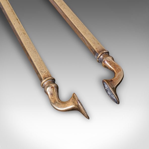 Trio of Antique Fireside Tools, English, Brass, Poker, Tongs, Shovel, Victorian