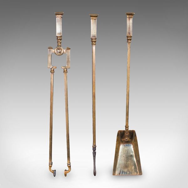 Trio of Antique Fireside Tools, English, Brass, Poker, Tongs, Shovel, Victorian