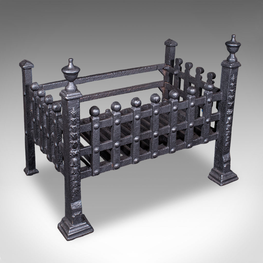 Antique Fire Basket, English, Wrought Iron Fireplace Grate, Victorian, C.1885