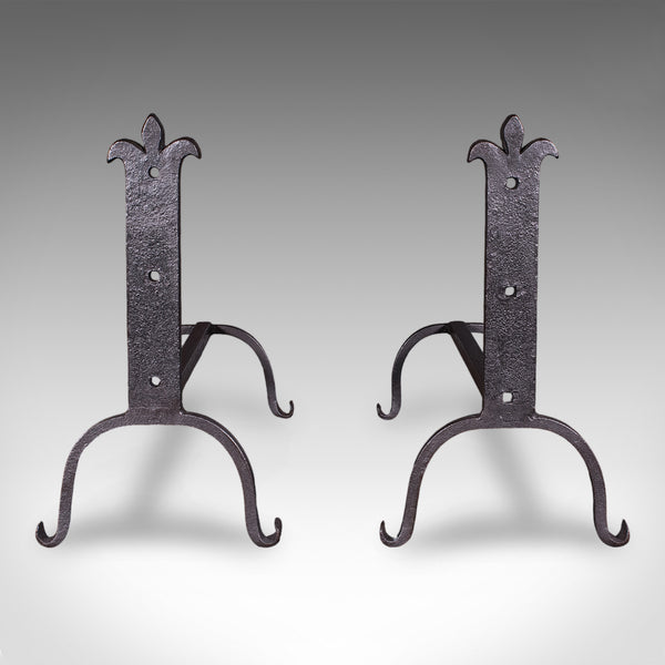 Pair of Antique Fire Dogs, English, Blacksmith Made, Andirons, Gothic, Edwardian