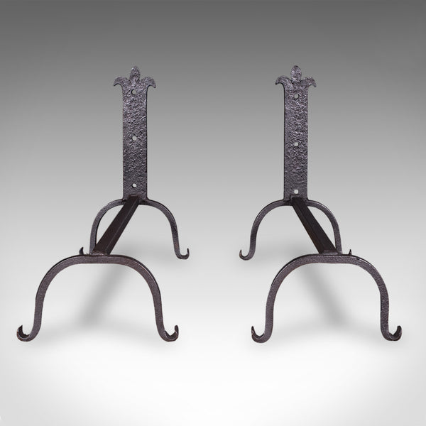 Pair of Antique Fire Dogs, English, Blacksmith Made, Andirons, Gothic, Edwardian