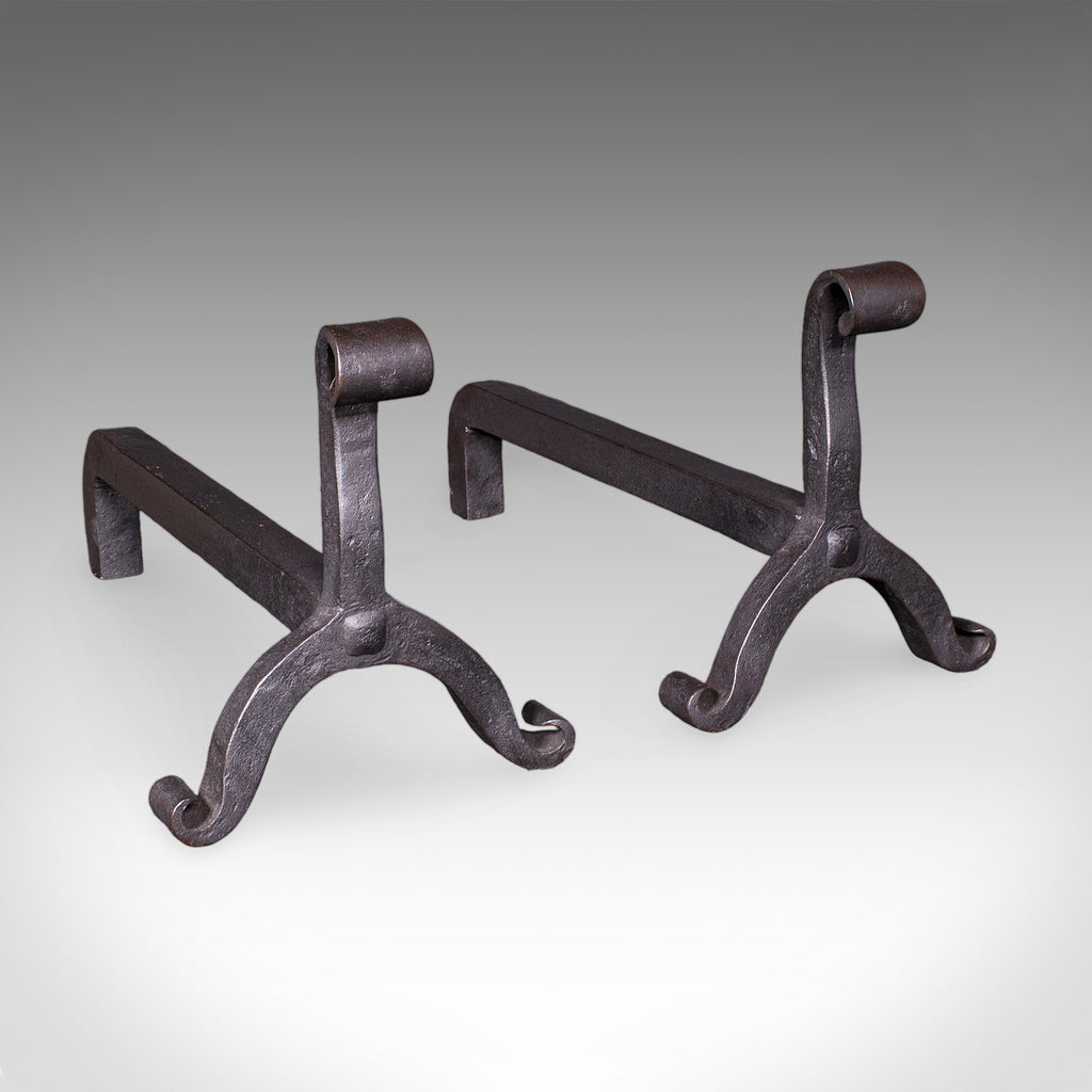 Pair of Antique Firedogs, English, Estate Made Wrought Iron, Andirons, Victorian