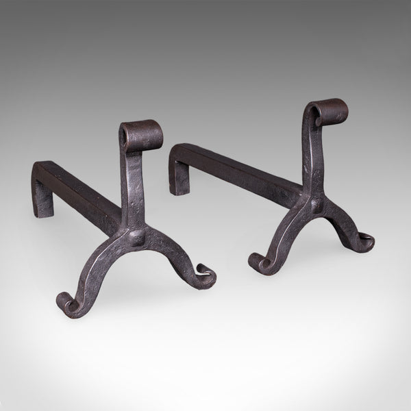 Pair of Antique Firedogs, English, Estate Made Wrought Iron, Andirons, Victorian