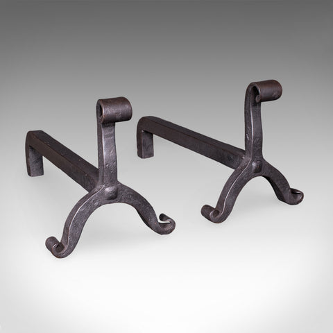 Pair of Antique Firedogs, English, Estate Made Wrought Iron, Andirons, Victorian