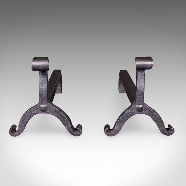 Pair of Antique Firedogs, English, Estate Made Wrought Iron, Andirons, Victorian