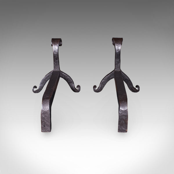 Pair of Antique Firedogs, English, Estate Made Wrought Iron, Andirons, Victorian