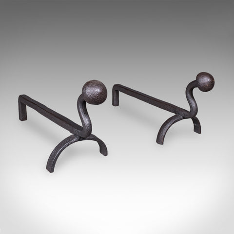 Pair of Antique Andirons, English, Wrought Iron, Fire Dog, Blacksmith, Victorian