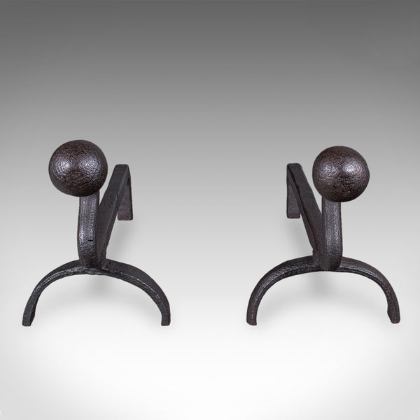 Pair of Antique Andirons, English, Wrought Iron, Fire Dog, Blacksmith, Victorian