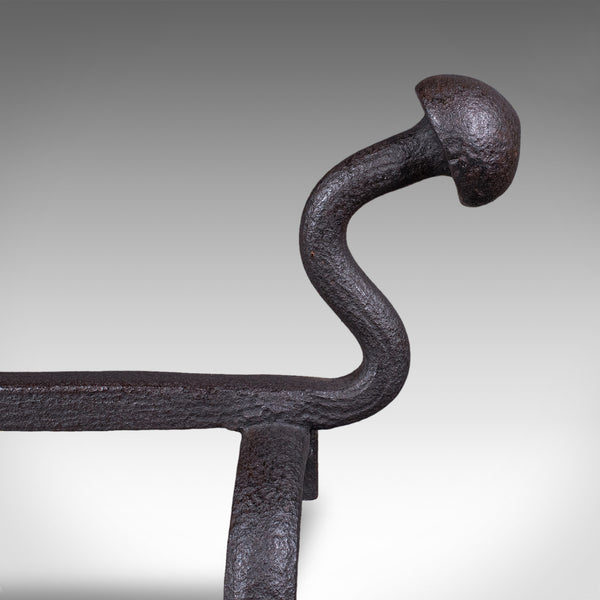 Pair of Antique Andirons, English, Wrought Iron, Fire Dog, Blacksmith, Victorian
