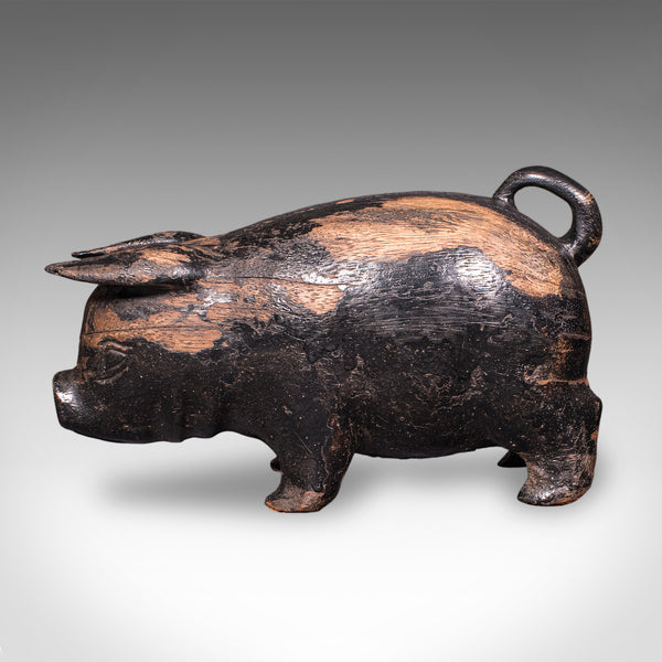 Vintage Carved Piglet Figure, English, Treen, Ebonised, Farmyard, Mid Century