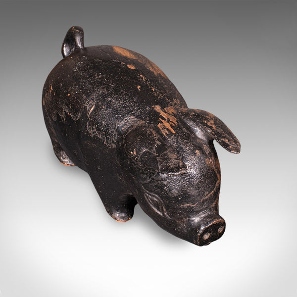 Vintage Carved Piglet Figure, English, Treen, Ebonised, Farmyard, Mid Century