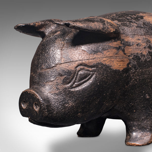 Vintage Carved Piglet Figure, English, Treen, Ebonised, Farmyard, Mid Century