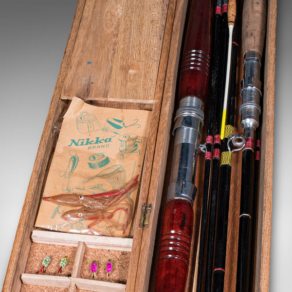 Vintage Cased Fishing Rod Set, Japanese, Cased, 8ft, 6ft, Mid Century, Pigeon