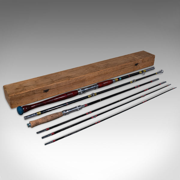 Vintage Cased Fishing Rod Set, Japanese, Cased, 8ft, 6ft, Mid Century, Pigeon