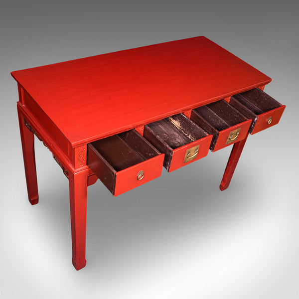 Tall Vintage Art Deco Revival Hall Table, Oriental, Red Lacquer, Side, Reception