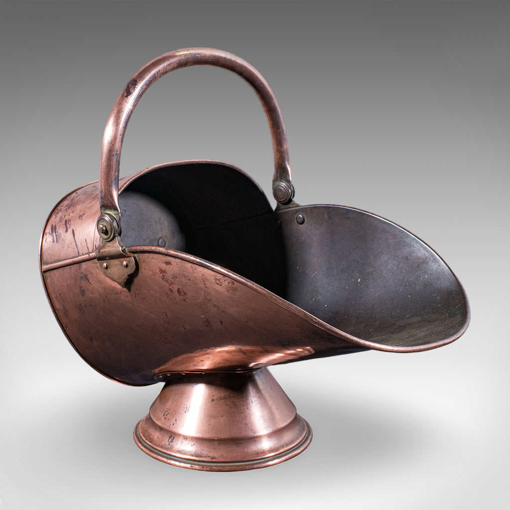 Antique Helmet Fire Bucket, English, Copper Scuttle, Fireside Bin, Victorian