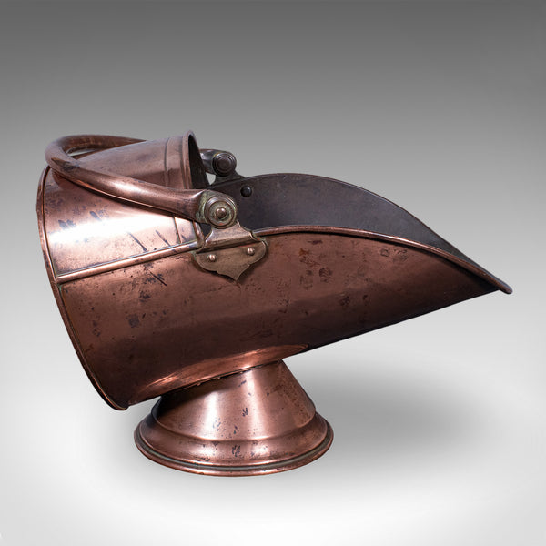 Antique Helmet Fire Bucket, English, Copper Scuttle, Fireside Bin, Victorian