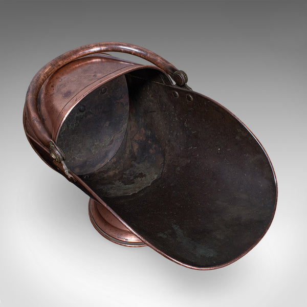Antique Helmet Fire Bucket, English, Copper Scuttle, Fireside Bin, Victorian
