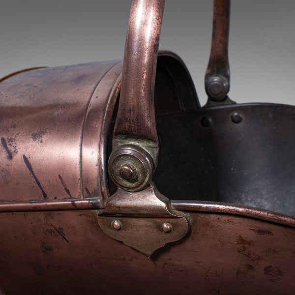 Antique Helmet Fire Bucket, English, Copper Scuttle, Fireside Bin, Victorian