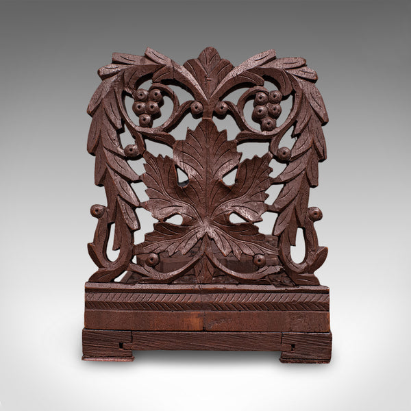 Vintage Carved Book Slide, Anglo Indian, Teak, Library Stand, Colonial, Art Deco