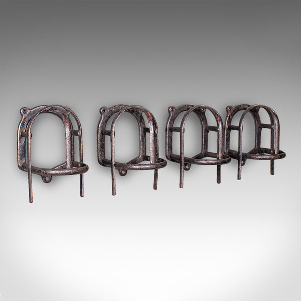Set of 4 Antique Crop Hanging Racks, English, Iron, Hooks, Equestrian, Victorian