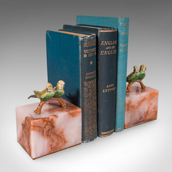 Pair of Vintage Budgerigar Bookends, Italian, Onyx Marble, Budgies, Novel Rest