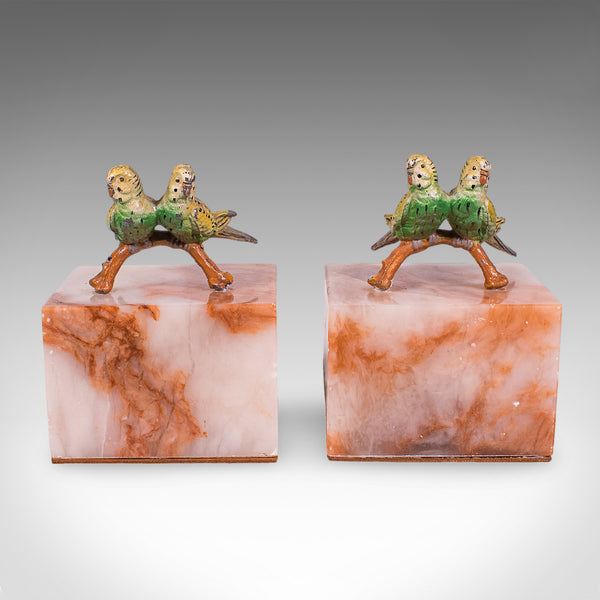 Pair of Vintage Budgerigar Bookends, Italian, Onyx Marble, Budgies, Novel Rest