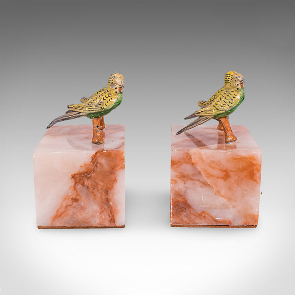 Pair of Vintage Budgerigar Bookends, Italian, Onyx Marble, Budgies, Novel Rest