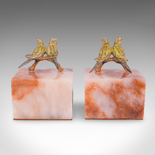 Pair of Vintage Budgerigar Bookends, Italian, Onyx Marble, Budgies, Novel Rest