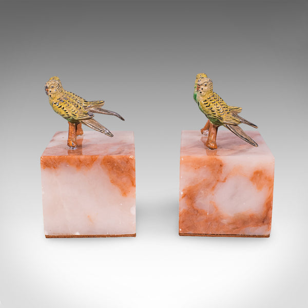 Pair of Vintage Budgerigar Bookends, Italian, Onyx Marble, Budgies, Novel Rest