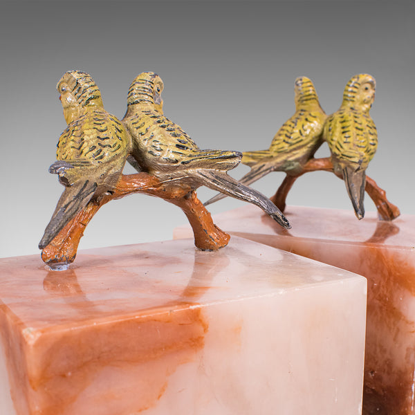Pair of Vintage Budgerigar Bookends, Italian, Onyx Marble, Budgies, Novel Rest
