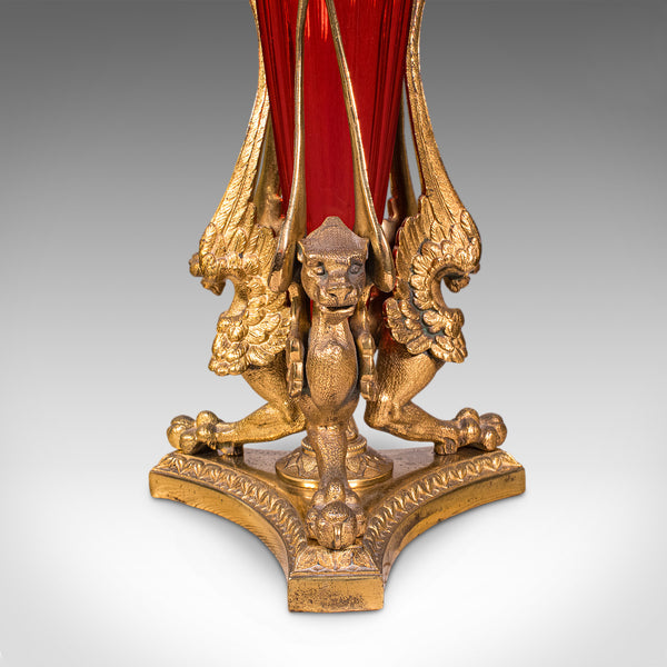 Antique Epergne, French, Gilt Bronze, Cranberry Art Glass, Flower Vase, C.1920