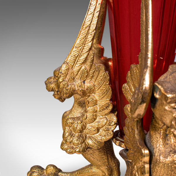 Antique Epergne, French, Gilt Bronze, Cranberry Art Glass, Flower Vase, C.1920