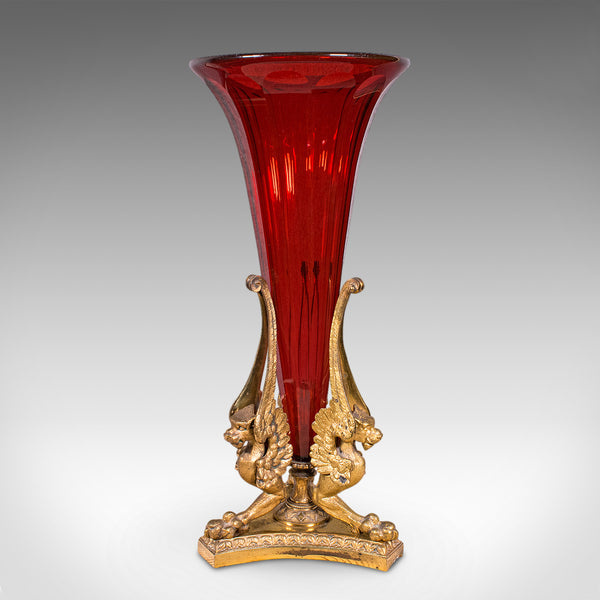 Antique Epergne, French, Gilt Bronze, Cranberry Art Glass, Flower Vase, C.1920
