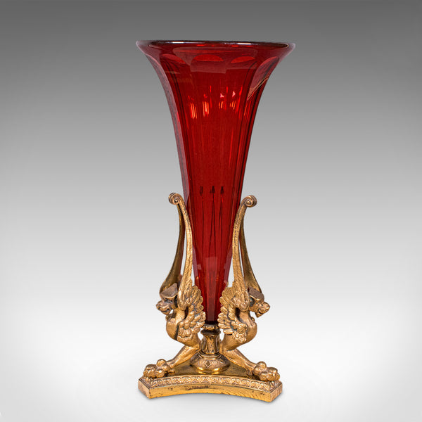 Antique Epergne, French, Gilt Bronze, Cranberry Art Glass, Flower Vase, C.1920