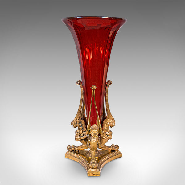Antique Epergne, French, Gilt Bronze, Cranberry Art Glass, Flower Vase, C.1920