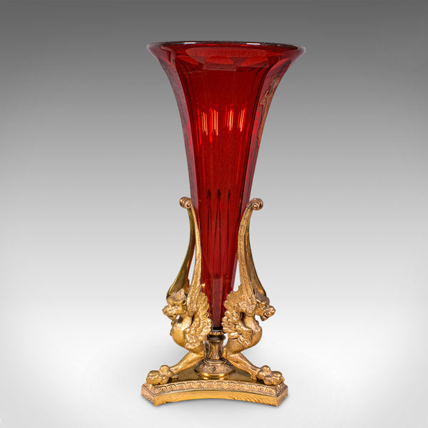 Antique Epergne, French, Gilt Bronze, Cranberry Art Glass, Flower Vase, C.1920